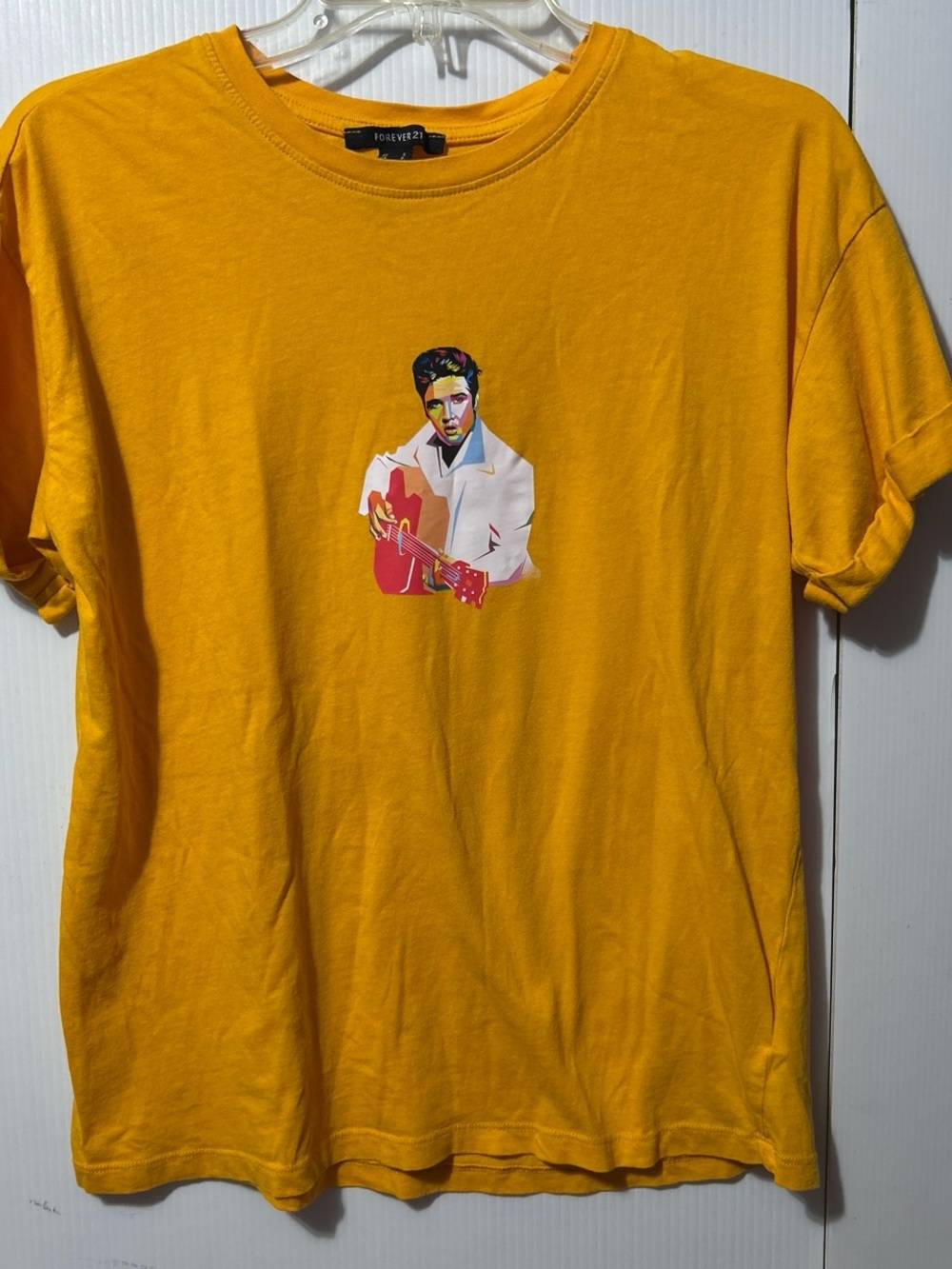 Forever 21 Yellow Short Sleeve Tee with Colorful Guitar Graphic